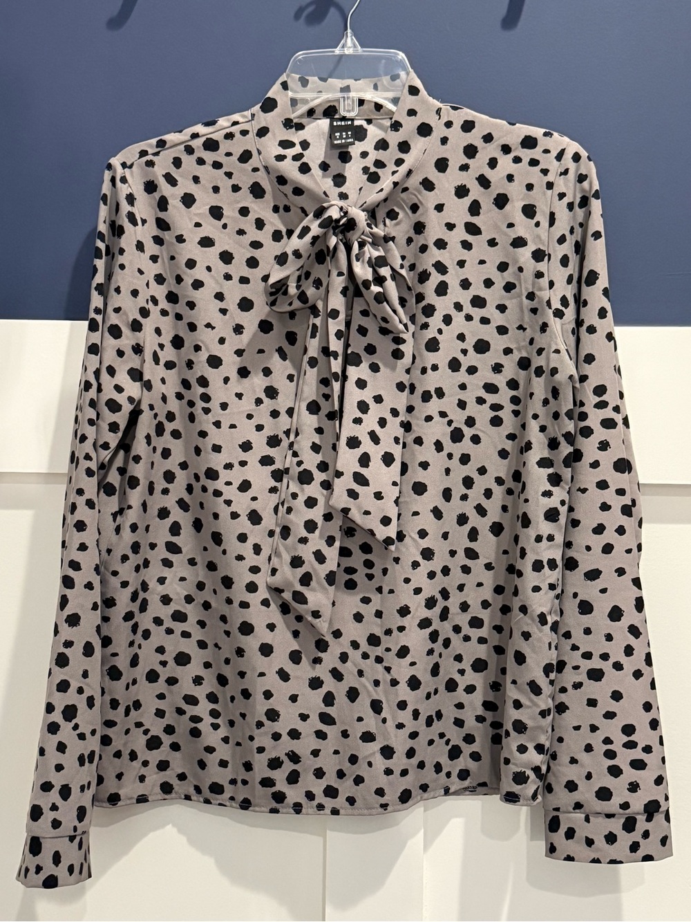 SHEIN Taupe Gray and Black Spotted Tie-Neck Blouse Size M